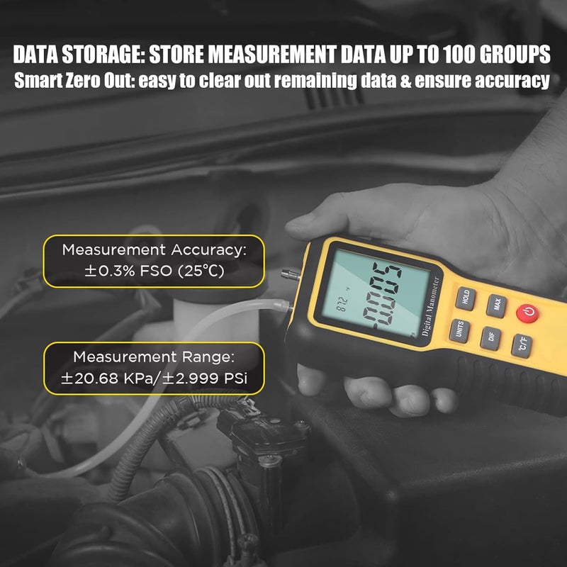BTMETER Manometer Gas Pressure Meter, Dual Port Manometro Pressure Differential Gauge Check Air Flow Pressure for HVAC Gas Furnace, Digital Manometer w/Backlight 12 Measure Units QX-1201 - Image 2